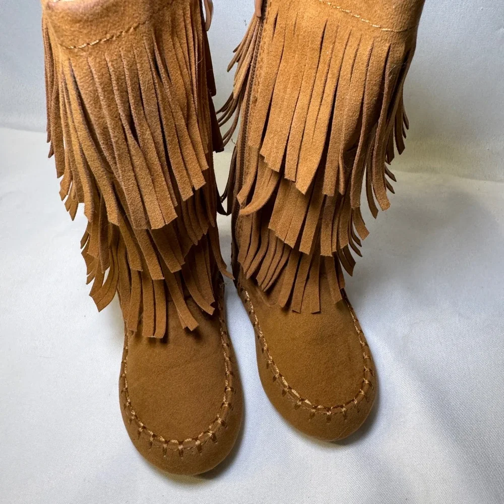 Link‎ Tan Suede Fringed Moccasin Boots Side Zip Boho Chick Little Girls Size 7
